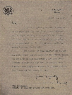 Le 12 avril 1940, M. Winston Churchill adressait cette lettre au président du Comité de liaison franco-britannique (Revue de la France Libre).