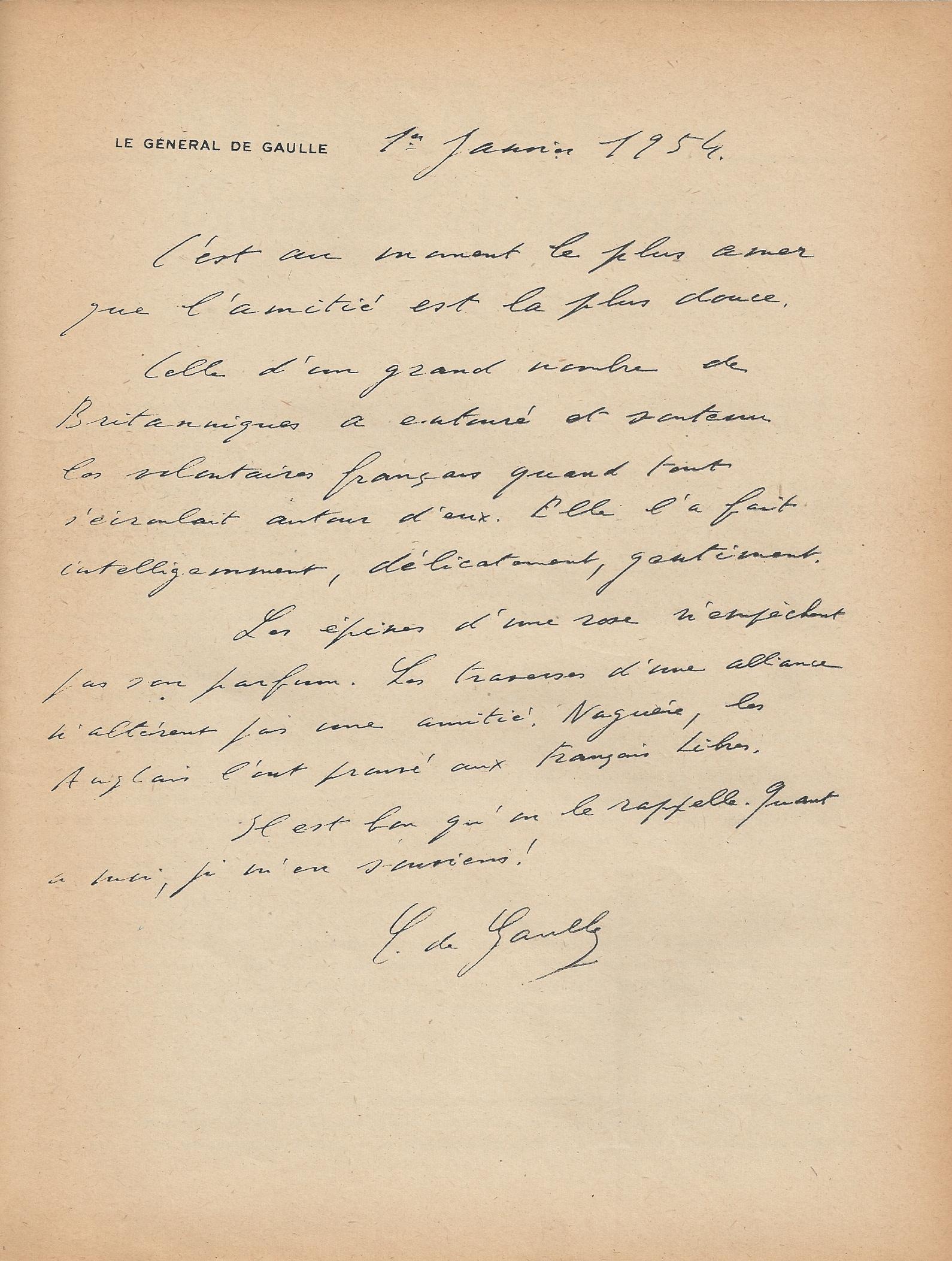 Lettre du général de Gaulle sur l’amitié franco-britannique (janvier 1954)
