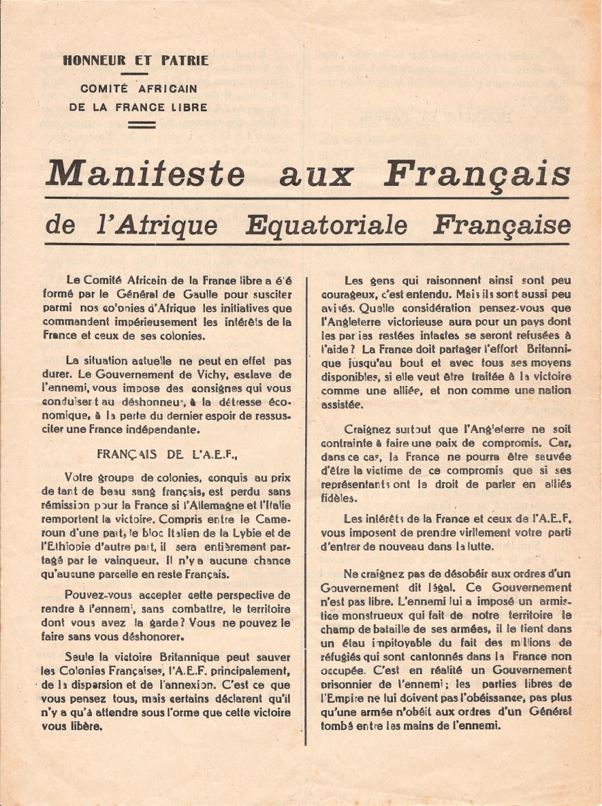 Manifeste aux Français de l’Afrique équatoriale française
