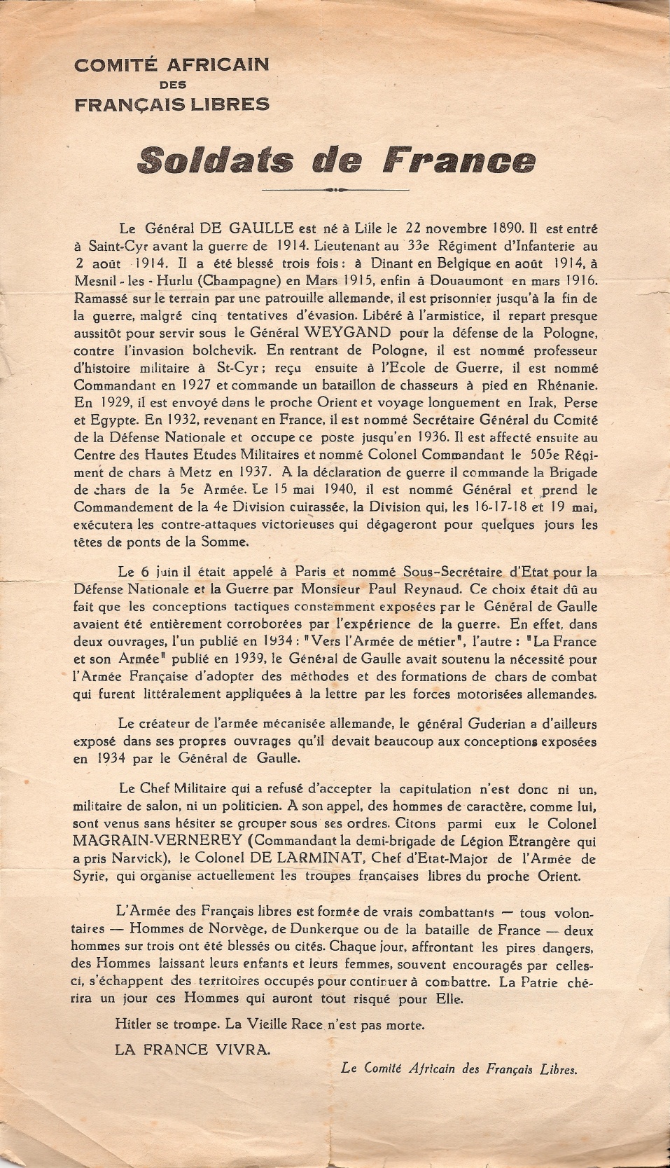 Soldats de France, par le Comité africain des Français libres (septembre 1940)